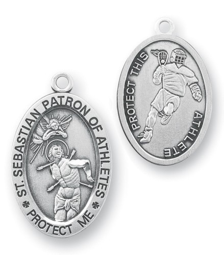 Oval Men's St. Sebastian Lacrosse Necklace With Chain - 24" 3mm Stainless Steel Endless Chain