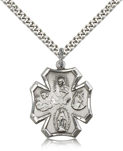 4 Way Cross Pendant, Sterling Silver - 24" 2.4mm Rhodium Plate Endless Chain