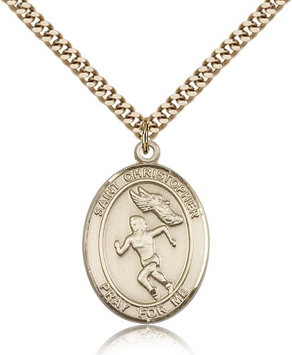 St. Christopher Track and Field Medal, Gold Filled, Large - 24" 2.4mm Gold Plated Chain + Clasp
