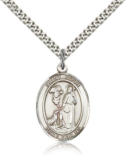 St. Roch Medal, Sterling Silver, Large - 24" 2.4mm Rhodium Plate Chain + Clasp