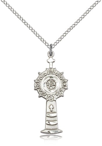 Monstrance Medal, Sterling Silver - 18" 1.2mm Sterling Silver Chain + Clasp