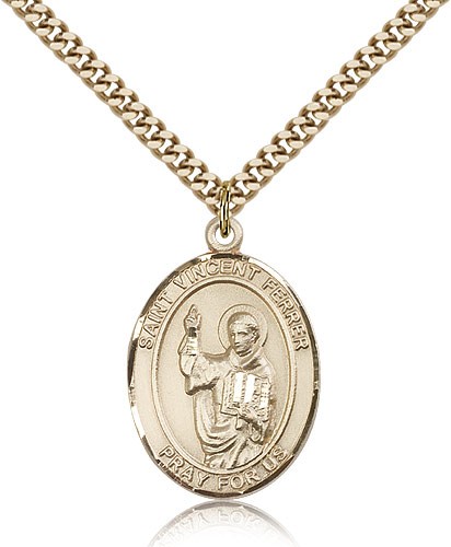 St. Vincent Ferrer Medal, Gold Filled, Large - 24" 2.4mm Gold Plated Chain + Clasp