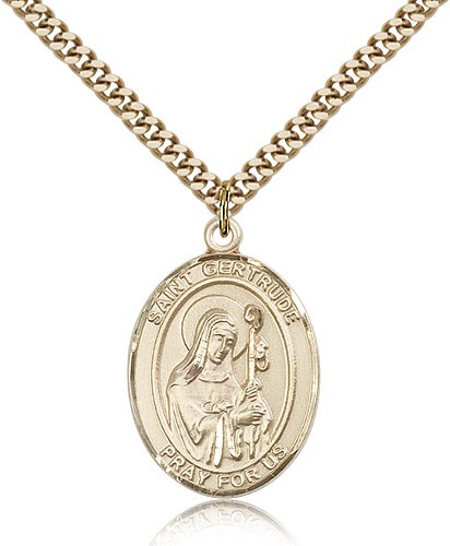 St. Gertrude of Nivelles Medal, Gold Filled, Large - 24" 2.4mm Gold Plated Chain + Clasp