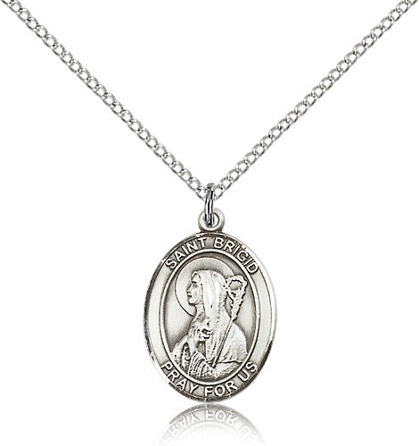 St. Brigid of Ireland Medal, Sterling Silver, Medium - 18" 1.2mm Sterling Silver Chain + Clasp