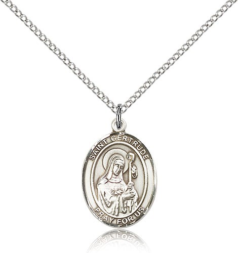 St. Gertrude of Nivelles Medal, Sterling Silver, Medium - 18" 1.2mm Sterling Silver Chain + Clasp