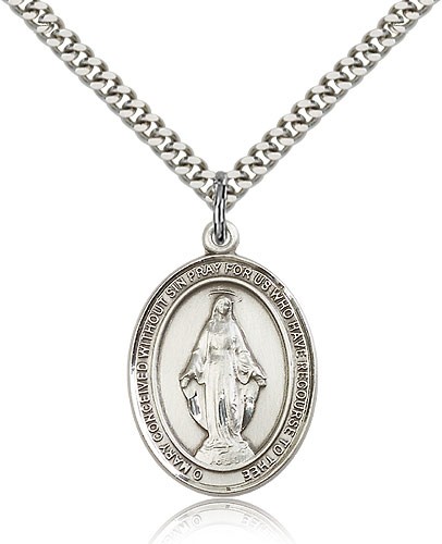 Miraculous Medal, Sterling Silver, Large - 24" 2.4mm Rhodium Plate Chain + Clasp