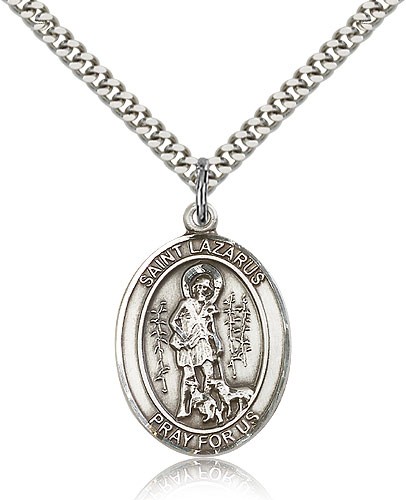 St. Lazarus Medal, Sterling Silver, Large - 24" 2.4mm Rhodium Plate Chain + Clasp