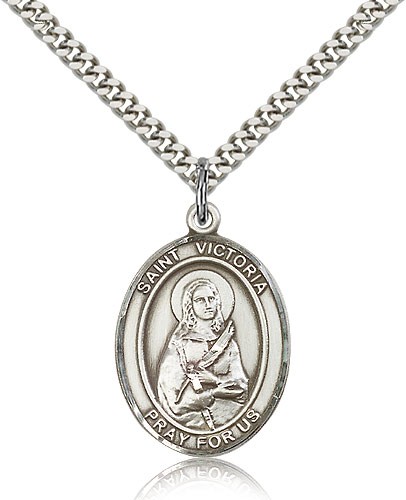 St. Victoria Medal, Sterling Silver, Large - 24" 2.4mm Rhodium Plate Chain + Clasp