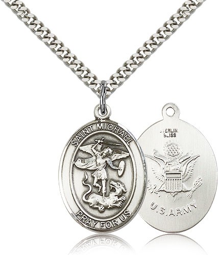 St. Michael Army Medal, Sterling Silver, Large - 24" 2.4mm Rhodium Plate Chain + Clasp