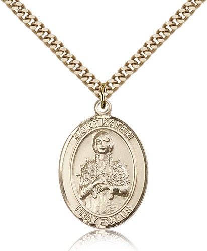 St. Kateri Medal, Gold Filled, Large - 24" 2.4mm Gold Plated Chain + Clasp