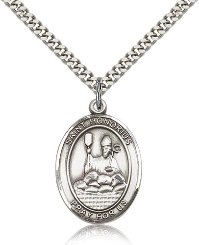 St. Honorius Medal, Sterling Silver, Large - 24" 2.4mm Rhodium Plate Chain + Clasp