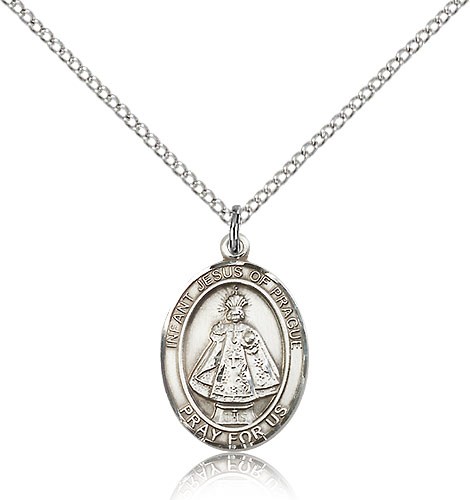 Infant of Prague Medal, Sterling Silver, Medium - 18" 1.2mm Sterling Silver Chain + Clasp