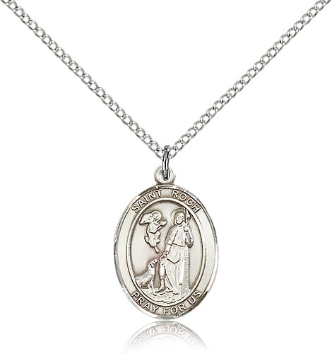 St. Roch Medal, Sterling Silver, Medium - 18" 1.2mm Sterling Silver Chain + Clasp