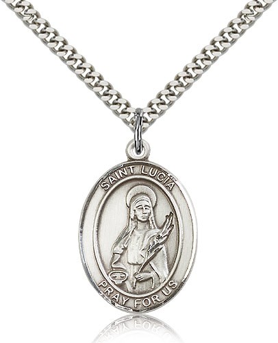 St. Lucia of Syracuse Medal, Sterling Silver, Large - 24" 2.4mm Rhodium Plate Chain + Clasp