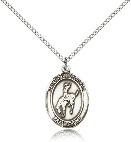 St. Christopher Rodeo Medal, Sterling Silver, Medium - 18" 1.2mm Sterling Silver Chain + Clasp