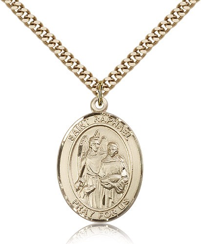 St. Raphael the Archangel Medal, Gold Filled, Large - 24" 2.4mm Gold Plated Chain + Clasp