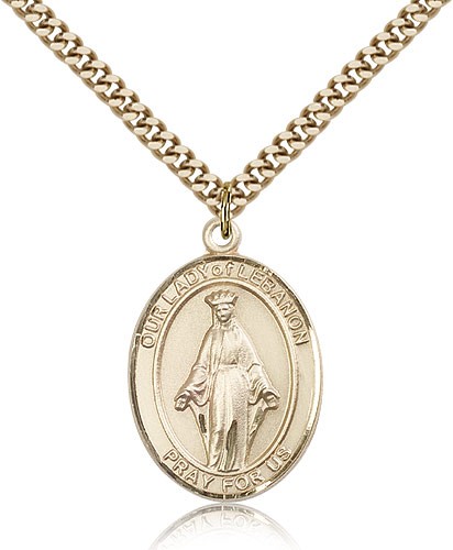 Our Lady of Lebanon Medal, Gold Filled, Large - 24" 2.4mm Gold Plated Chain + Clasp