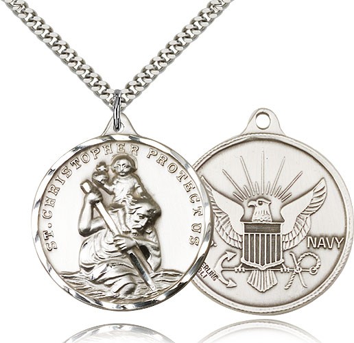 Large St. Christopher Navy Medal, Sterling Silver - 24" 2.4mm Rhodium Plate Endless Chain