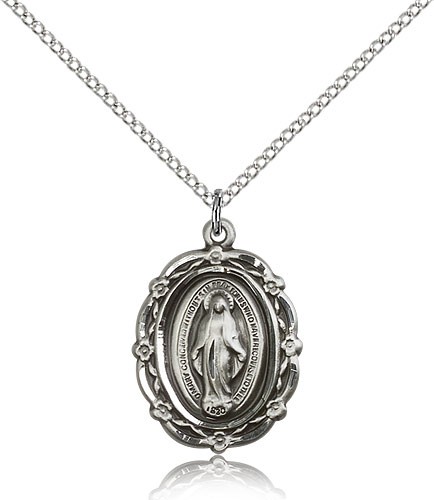 Miraculous Medal, Sterling Silver - 18" 1.2mm Sterling Silver Chain + Clasp
