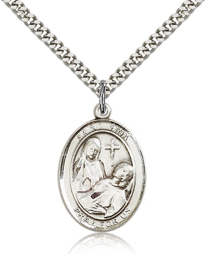 St. Fina Medal, Sterling Silver, Large - 24" 2.4mm Rhodium Plate Chain + Clasp