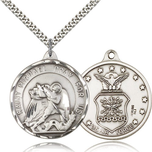 St. Joseph Air Force Medal, Sterling Silver - 24" 2.4mm Rhodium Plate Endless Chain