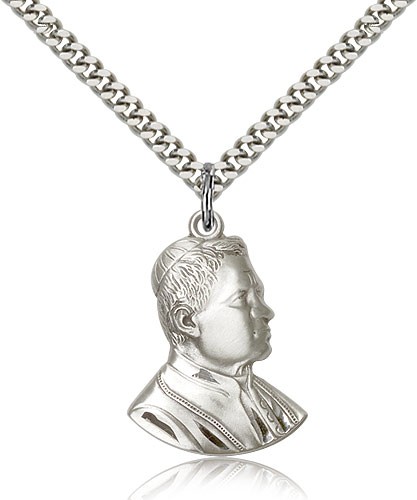 Saint Pius X Medal, Sterling Silver - 24" 2.4mm Rhodium Plate Endless Chain
