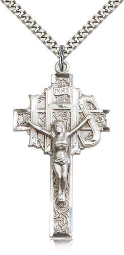 Crucifix Pendant, Sterling Silver - 24" 2.4mm Rhodium Plate Endless Chain