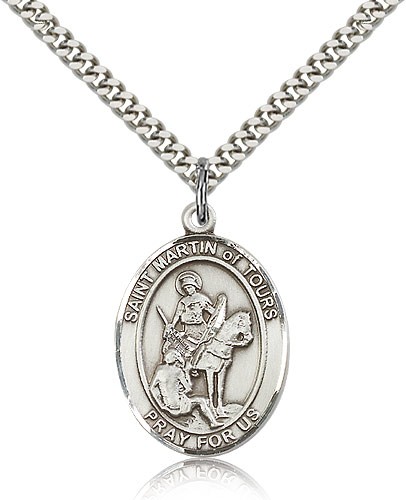 St. Martin of Tours Medal, Sterling Silver, Large - 24" 2.4mm Rhodium Plate Chain + Clasp