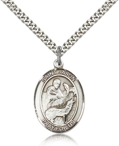 St. Jason Medal, Sterling Silver, Large - 24" 2.4mm Rhodium Plate Chain + Clasp