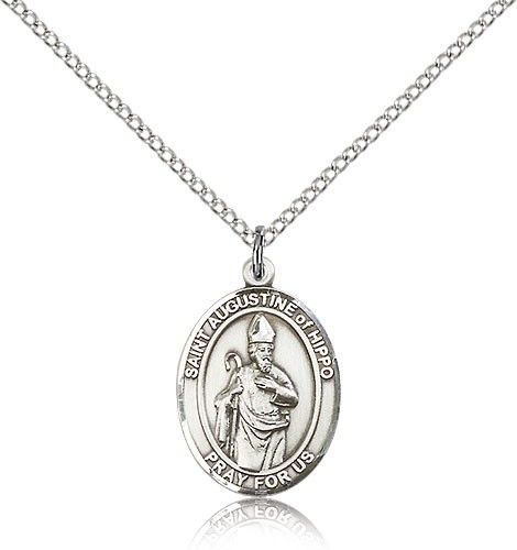St. Augustine of Hippo Medal, Sterling Silver, Medium - 18" 1.2mm Sterling Silver Chain + Clasp