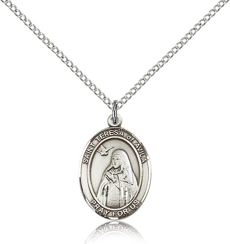 St. Teresa of Avila Medal, Sterling Silver, Medium - 18" 1.2mm Sterling Silver Chain + Clasp