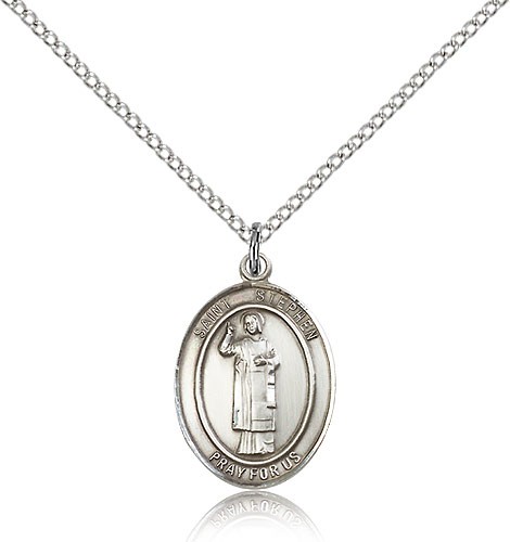 St. Stephen the Martyr Medal, Sterling Silver, Medium - 18" 1.2mm Sterling Silver Chain + Clasp