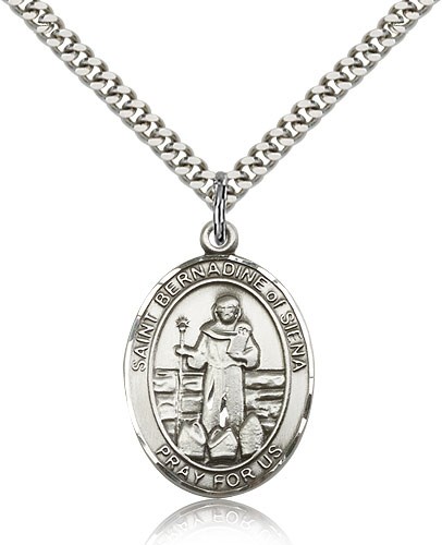 St. Bernadine of Sienna Medal, Sterling Silver, Large - 24" 2.4mm Rhodium Plate Chain + Clasp