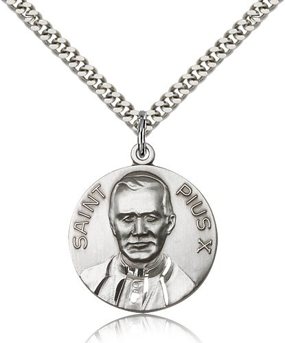 Pope Pius X Medal, Sterling Silver - 24" 2.4mm Rhodium Plate Endless Chain