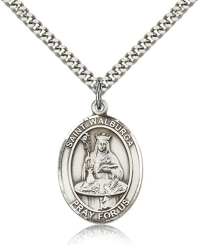 St. Walburga Medal, Sterling Silver, Large - 24" 2.4mm Rhodium Plate Chain + Clasp