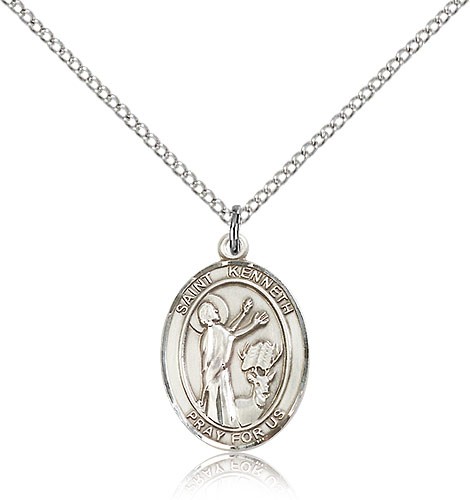 St. Kenneth Medal, Sterling Silver, Medium - 18" 1.2mm Sterling Silver Chain + Clasp