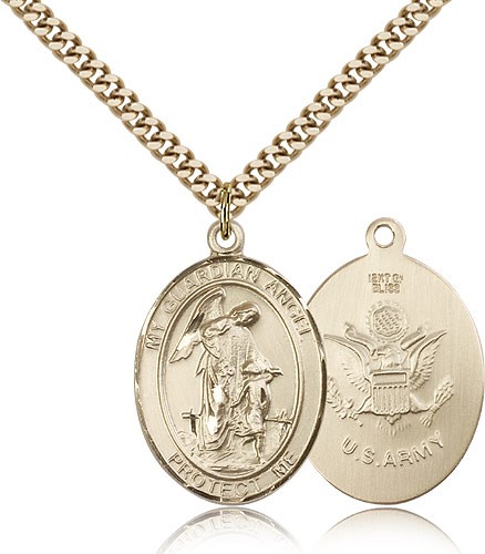 Guardian Angel Army Medal, Gold Filled, Large - 24" 2.4mm Gold Plated Chain + Clasp