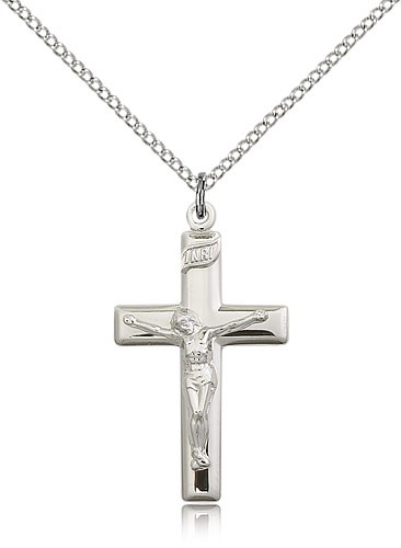Crucifix Pendant, Sterling Silver - 18" 1.2mm Sterling Silver Chain + Clasp