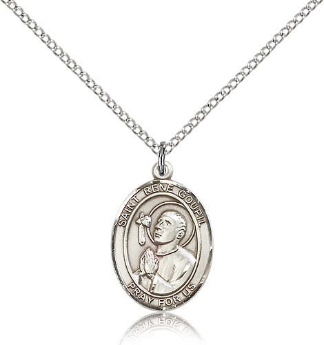 St. Rene Goupil Medal, Sterling Silver, Medium - 18" 1.2mm Sterling Silver Chain + Clasp
