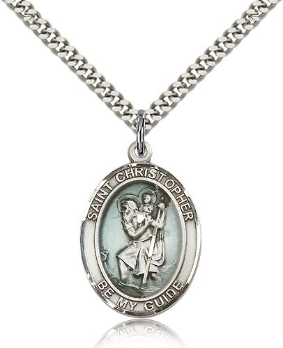 St. Christopher Medal with Blue Enamel, Sterling Silver, Large - 24" 2.4mm Rhodium Plate Chain + Clasp