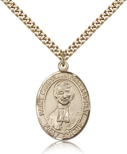 St. Marcellin Champagnat Medal, Gold Filled, Large - 24" 2.4mm Gold Plated Chain + Clasp