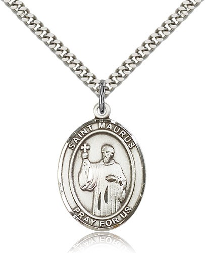 St. Maurus Medal, Sterling Silver, Large - 24" 2.4mm Rhodium Plate Chain + Clasp