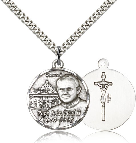 Pope John Paul II Vatican Medal, Sterling Silver - 24" 2.4mm Rhodium Plate Endless Chain