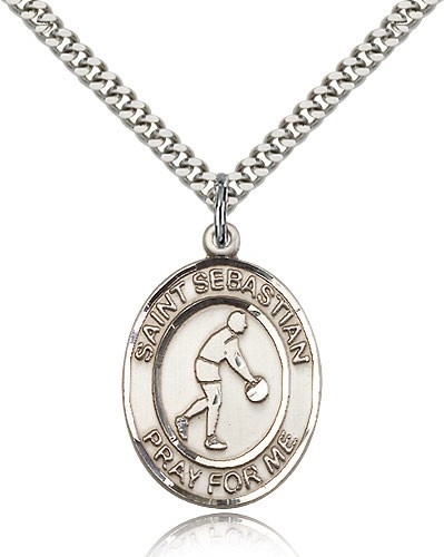 St. Sebastian Basketball Medal, Sterling Silver, Large - 24" 2.4mm Rhodium Plate Chain + Clasp