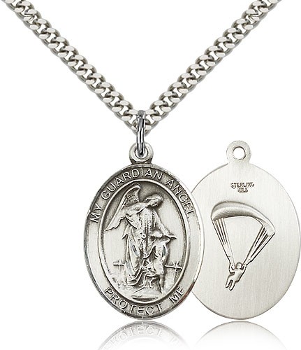 Guardian Angel Paratrooper Medal, Sterling Silver, Large - 24" 2.4mm Rhodium Plate Chain + Clasp