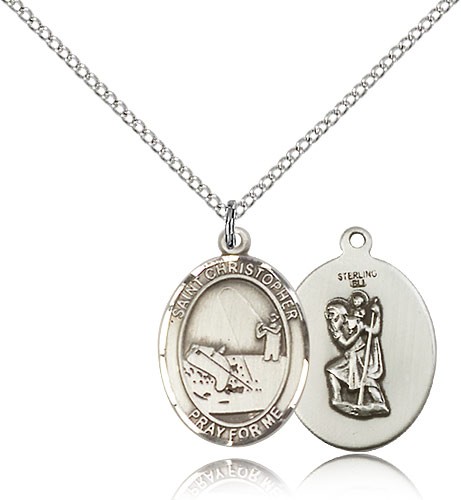 St. Christopher Fishing Medal, Sterling Silver, Medium - 18" 1.2mm Sterling Silver Chain + Clasp