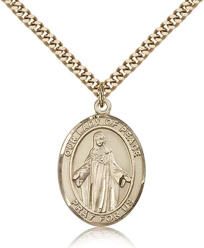 Our Lady of Peace Medal, Gold Filled, Large - 24" 2.4mm Gold Plated Chain + Clasp