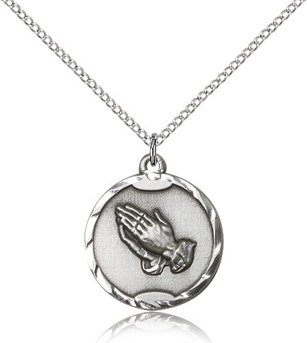Praying Hands Medal, Sterling Silver - 18" 1.2mm Sterling Silver Chain + Clasp