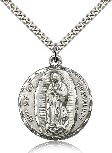 Our Lady of Guadalupe Medal, Sterling Silver - 24" 2.4mm Rhodium Plate Endless Chain