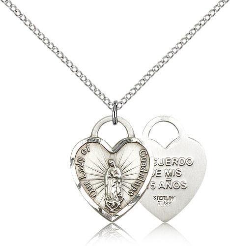 Our Lady of Guadalupe Heart Recuerdo Medal, Sterling Silver - 18" 1.2mm Sterling Silver Chain + Clasp
